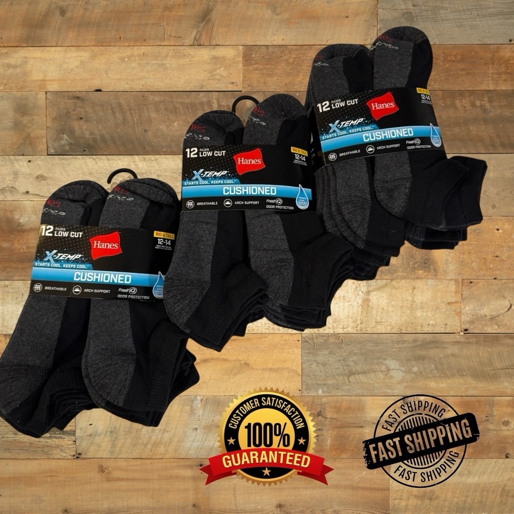 Hanes Mens Socks X-temp, Cushioned Lowcut 12-pk, Black, Sz 12-14 US, Lot of 3